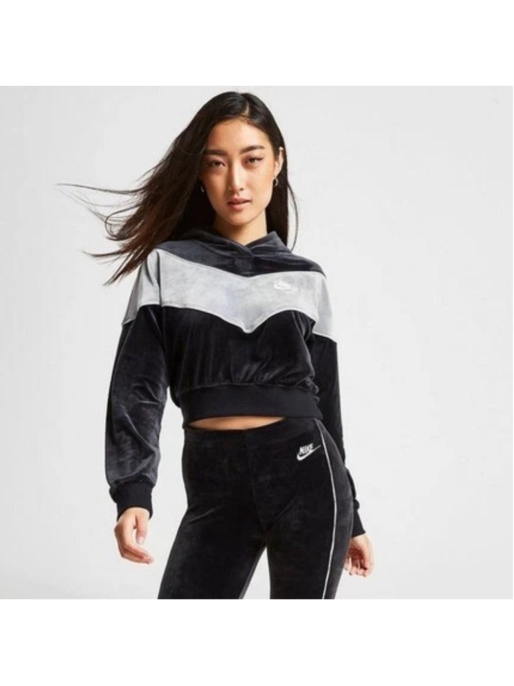 Nike Sportswear Heritage Velour Cropped Hoodie in Black and Grey Size S